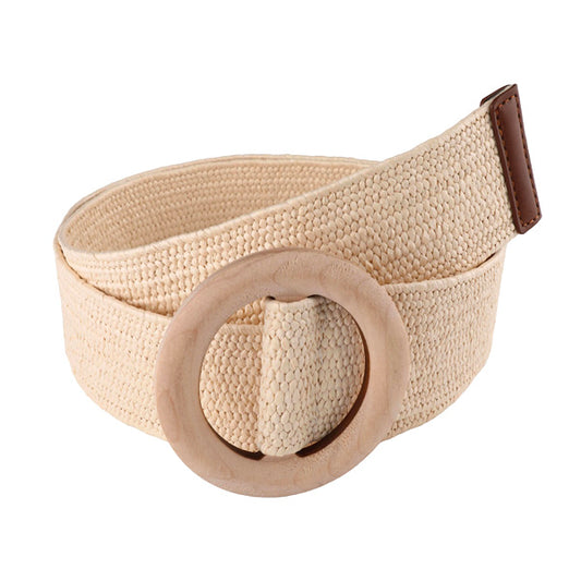 Soft Beige Women's PP-based PU Belt Wooden Slim Buckle HR-006