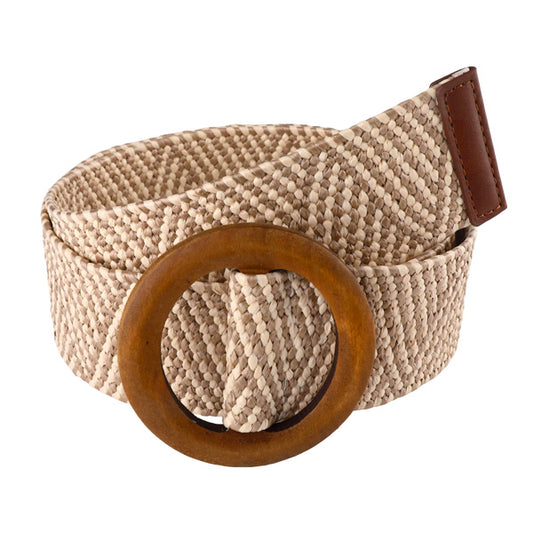 Beige-Brown Soft Style Women's PP-based PU Belt Wooden Buckle HR-010